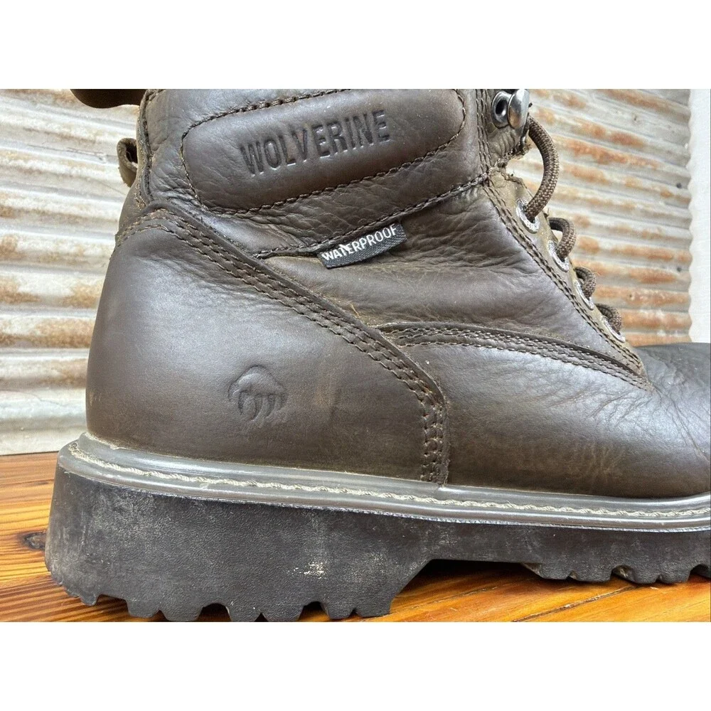 Wolverine Waterproof Brown Leather Lace Up Men's Soft Toe Work Boots Sz 9EW